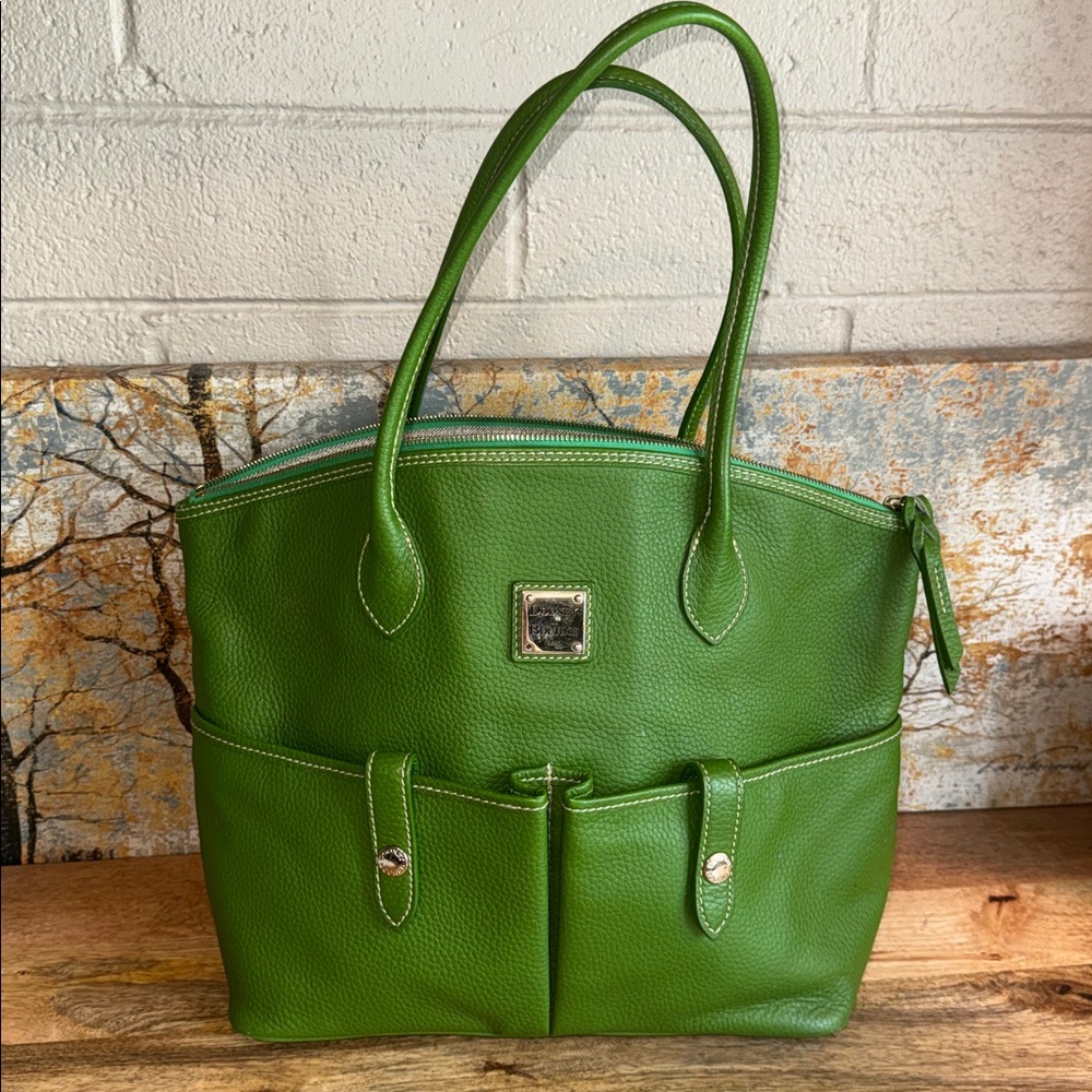 Dooney & Bourke Green Pebble Leather Crescent Zip Tote Bag 16” W x 12” H x 6” D